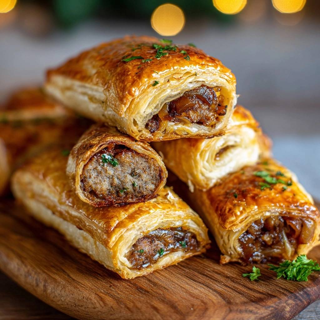 Sausage Rolls Querschnitt Ansicht 1 Knusprige Sausage Rolls im Querschnitt, die das saftige Innere und die goldbraune Blätterteighülle zeigen.
