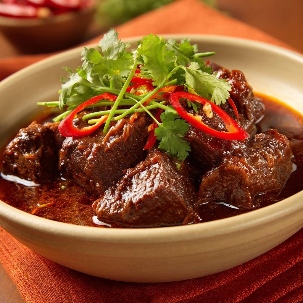 Scharfes Rindfleisch-Curry, zart und saftig, garniert mit frischem Koriander und roten Chiliringen in einer Schüssel.