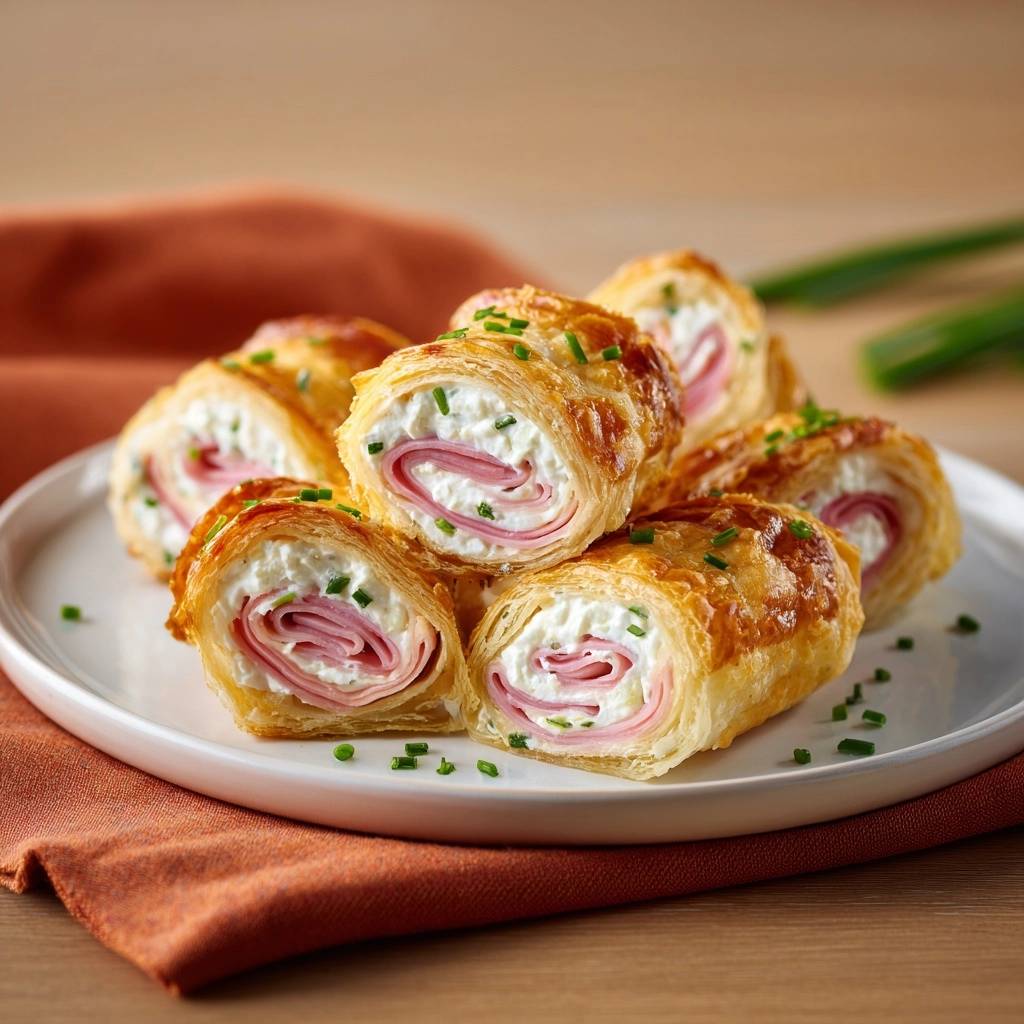 Knusprige Schinken-Frischkäse-Blätterteigrollen angeschnitten auf einer weißen Platte mit frischen Kräutern garniert.