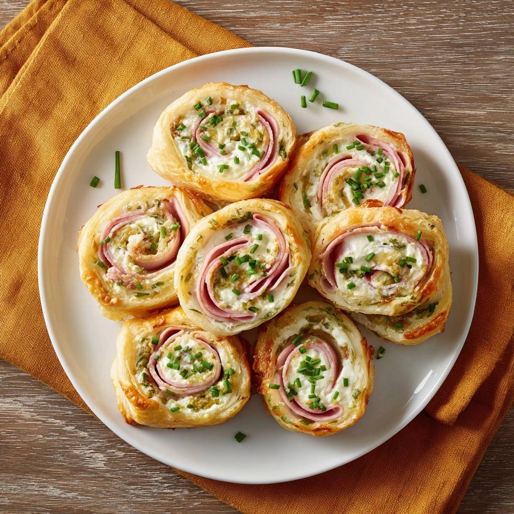 Knusprige Schinken-Frischkäse-Blätterteigrollen, serviert auf einem Teller und mit Schnittlauch garniert, von oben gesehen.