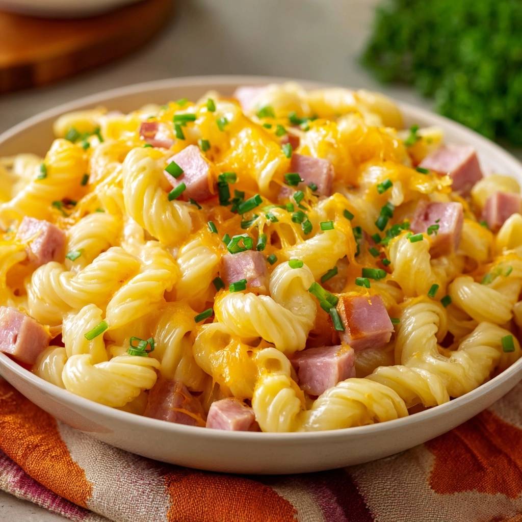 Cremiger Schinken-Fusilli-Auflauf als Nahaufnahme, garniert mit frischen Kräutern und geschmolzenem Käse.