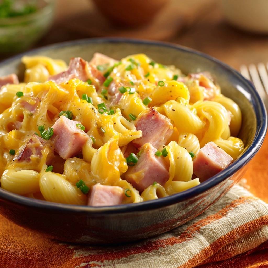 Cremiger Schinken-Fusilli-Auflauf – Nahaufnahme des geschmolzenen Käses und der Schinkenwürfel, garniert mit Schnittlauch.