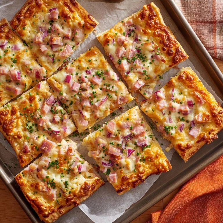 Knuspriger Schinken-Zwiebel-Käse-Fladen, frisch aus dem Ofen auf einem Backblech angeschnitten
