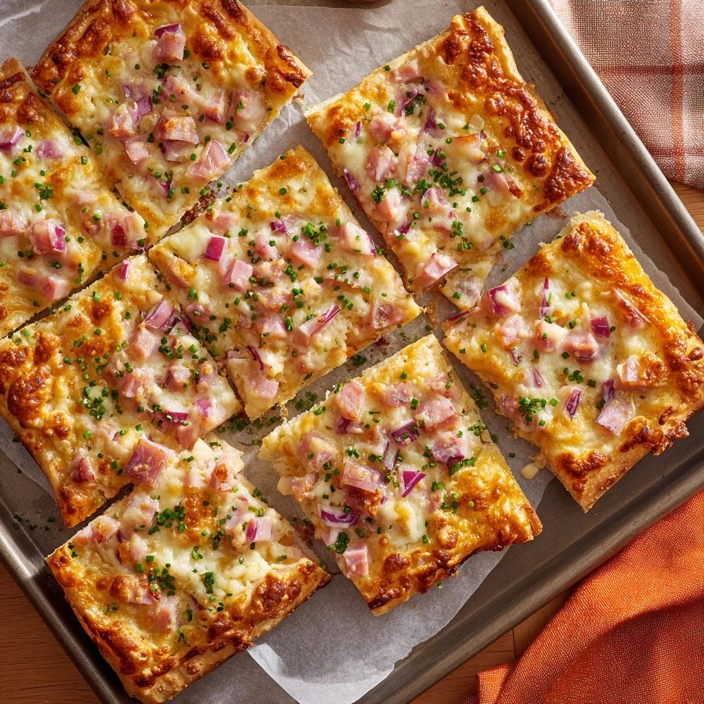 Knuspriger Schinken-Zwiebel-Käse-Fladen, frisch aus dem Ofen auf einem Backblech angeschnitten