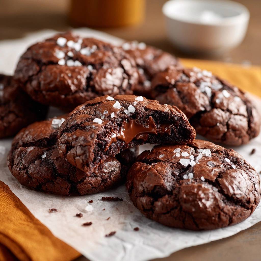 Schoko-Lava-Cookies mit Meersalz, angeschnitten und mit flüssiger Karamellfüllung im Inneren, nahaufnahme