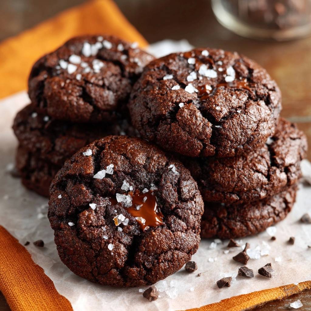 Schoko Lava Cookies Mit Meersalz Detail Nahaufnahme 1 Schoko-Lava-Cookies mit Meersalz, nahaufnahme mit geschmolzener Schokolade und Meersalzflocken auf der Oberfläche.