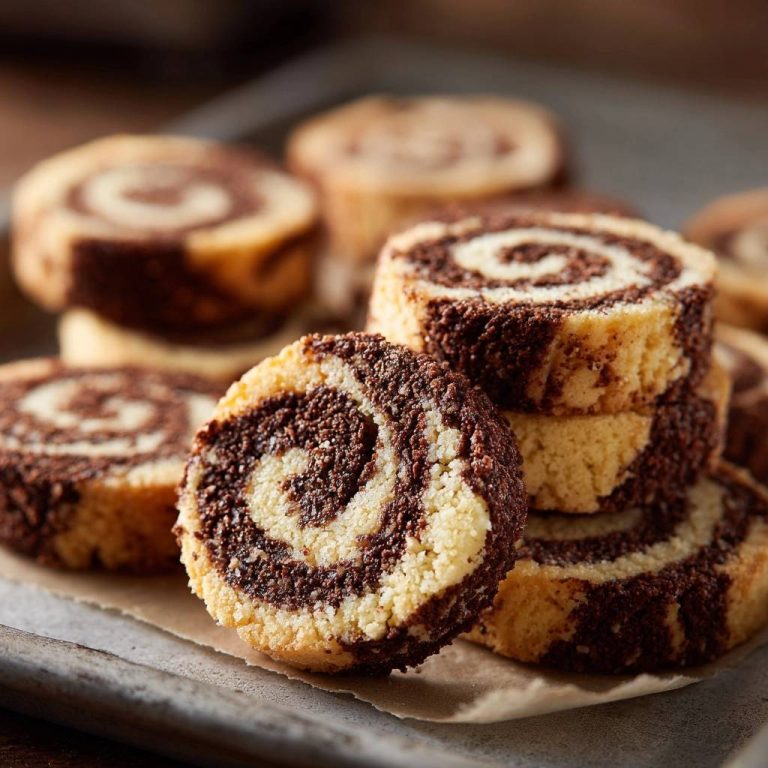 Schoko-Vanille-Spiralplätzchen im Nahaufnahme-Querschnitt, das ein schönes Marmormuster aus dunkler und heller Cookie-Masse zeigt.