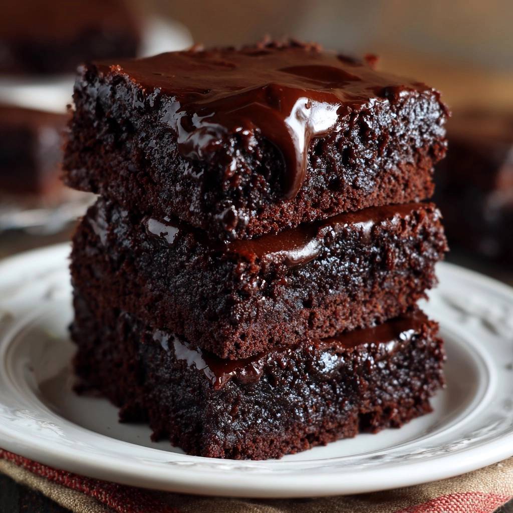 Schokoladen Brownies Gestapelt Mit Glasur 1 Saftige Schokoladen-Brownies in einem Stapel mit glänzender Schokoladenglasur, die an den Seiten herunterläuft.