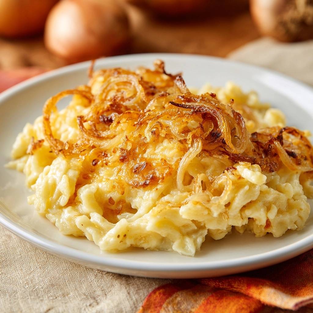Schwäbische Käsespätzle mit knusprig-Zwiebeln, serviert auf einem Teller und garniert mit gebratenen Zwiebelringen.