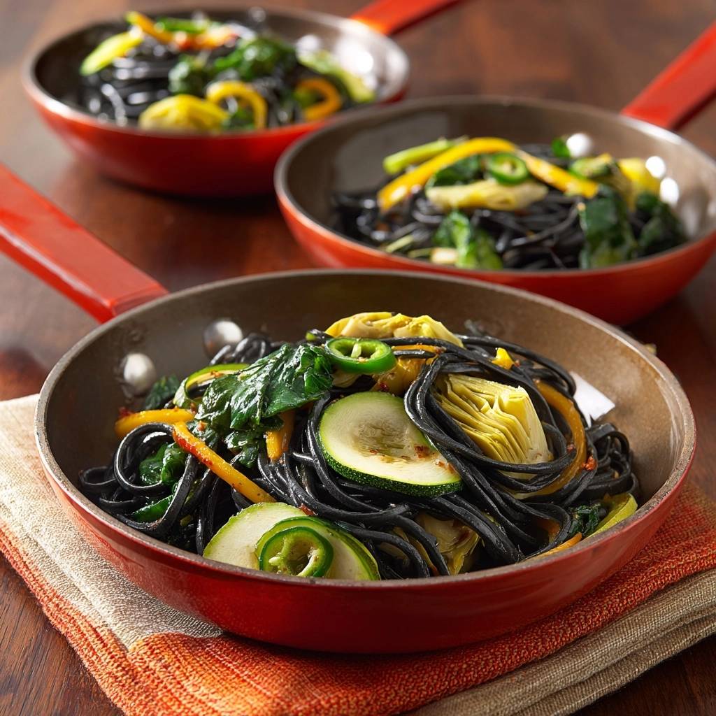 Schwarze Linguine Mit Artischocken Drei Servierpfannen 1 Schwarze Linguine mit Artischocken und buntem Gemüse, serviert in drei kleinen roten Pfannen auf einem Holztisch.