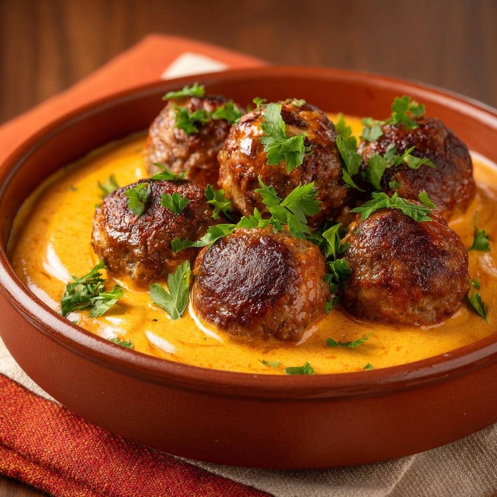 Schwedische Fleischbllchen In Sahnetomaten Sauce Nahaufnahme 1 Schwedische Fleischbällchen in Sahnetomaten-Sauce, eine Nahaufnahme von saftigen Fleischbällchen, die in einer cremigen Sauce in einer braunen Schüssel serviert werden.