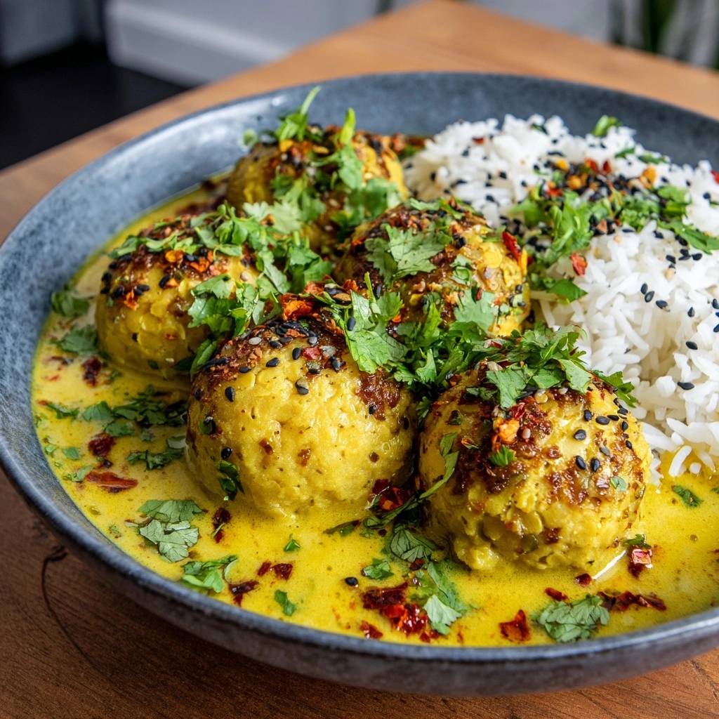 Knusprige Sesam-Kofta im Goldenen Curry, angerichtet in einer Schüssel mit Reis und garniert mit Koriander und Chilisamen.