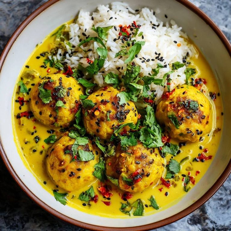 Knusprige Sesam-Kofta im Goldenen Curry, serviert mit Reis und garniert mit Koriander und Chili, Nahaufnahme
