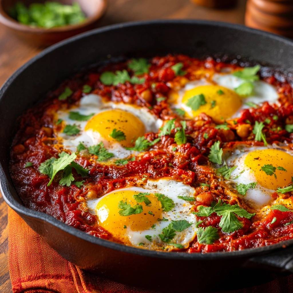 Shakshuka mit Kichererbsen, eine Nahaufnahme des Gerichts mit pochierten Eiern und frischer Koriandergarnitur.
