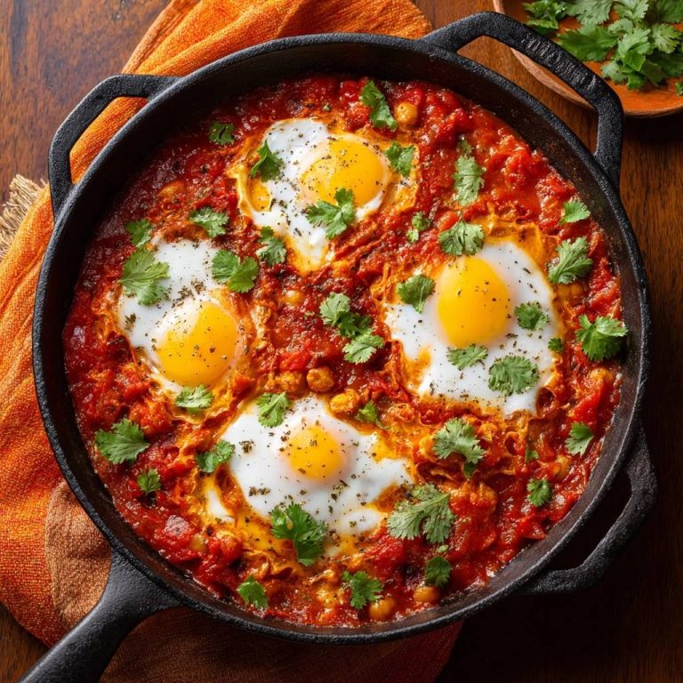 Shakshuka mit Kichererbsen von oben in einer Gusseisenpfanne mit vier pochierten Eiern und Koriander garniert