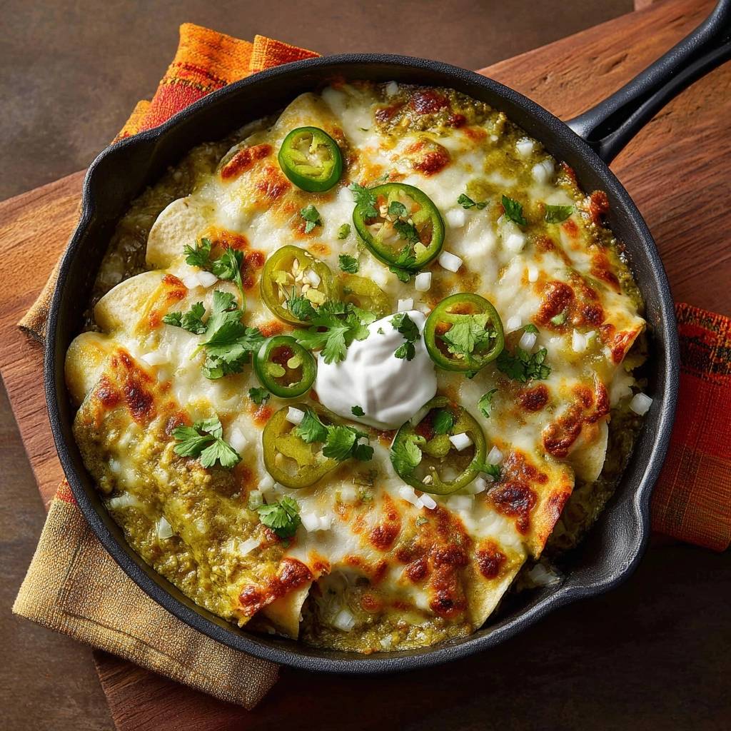 Skillet Enchiladas Verdes, mit Jalapeños, Koriander und Sauerrahm garniert in einer Gusseisenpfanne serviert