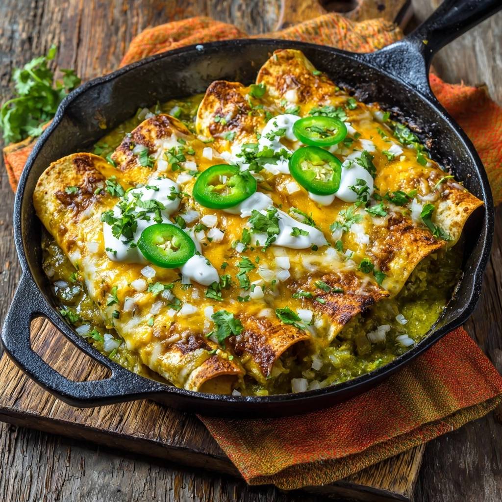 Skillet Enchiladas Verdes garniert mit Jalapeños, Sauerrahm und Koriander in einer gusseisernen Pfanne