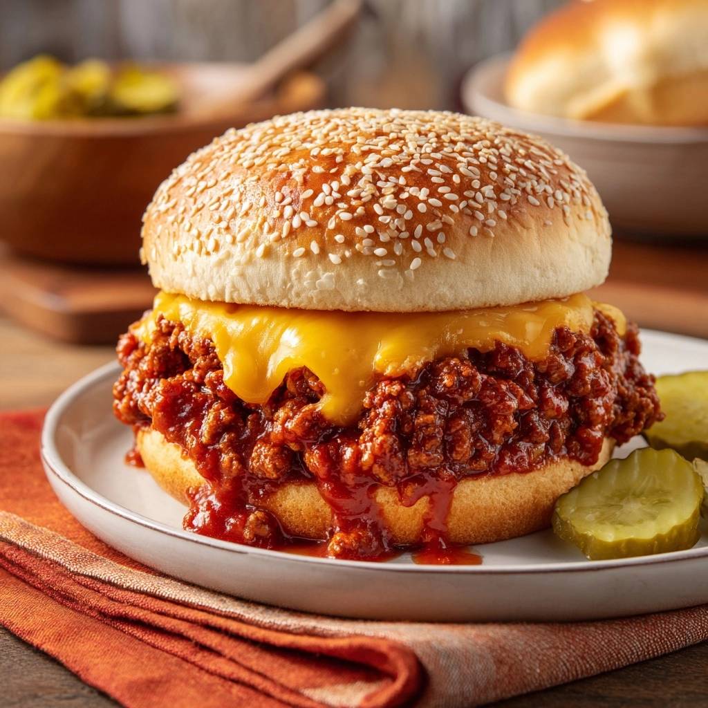Sloppy Joe Burger Mit Cheddar Nahaufnahme 1 Sloppy Joe Burger mit Cheddar als Nahaufnahme auf einem Teller mit Gewürzgurken und einem orangen Stoffserviette