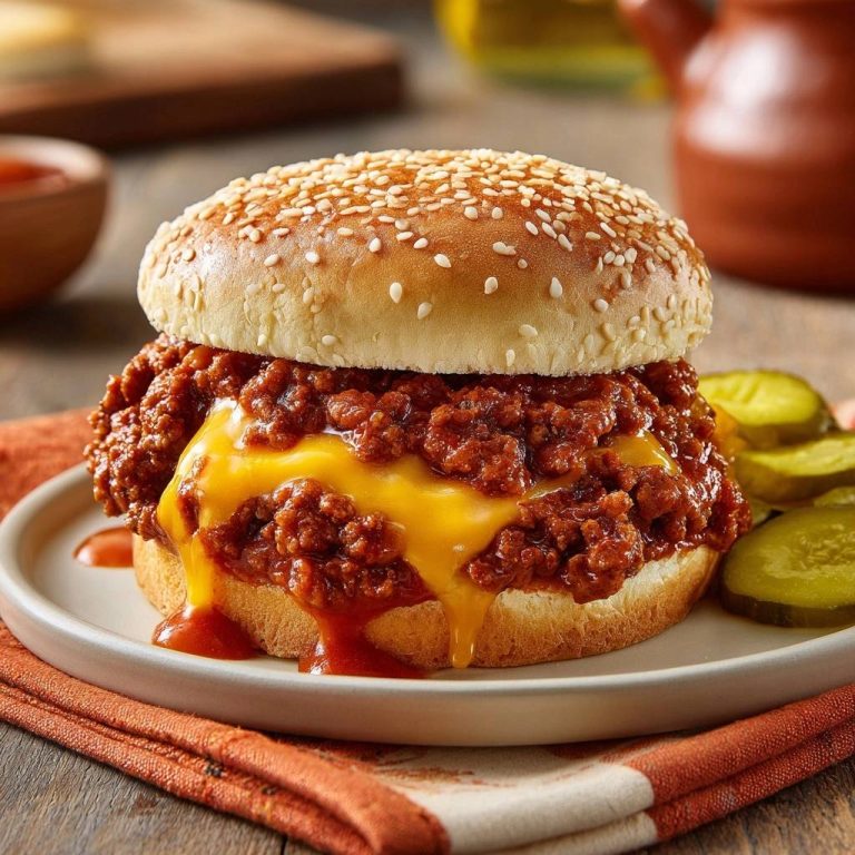 Sloppy Joe Burger mit Cheddar, eine Nahaufnahme mit geschmolzenem Käse und saftigem Fleisch auf einem Sesambrötchen.
