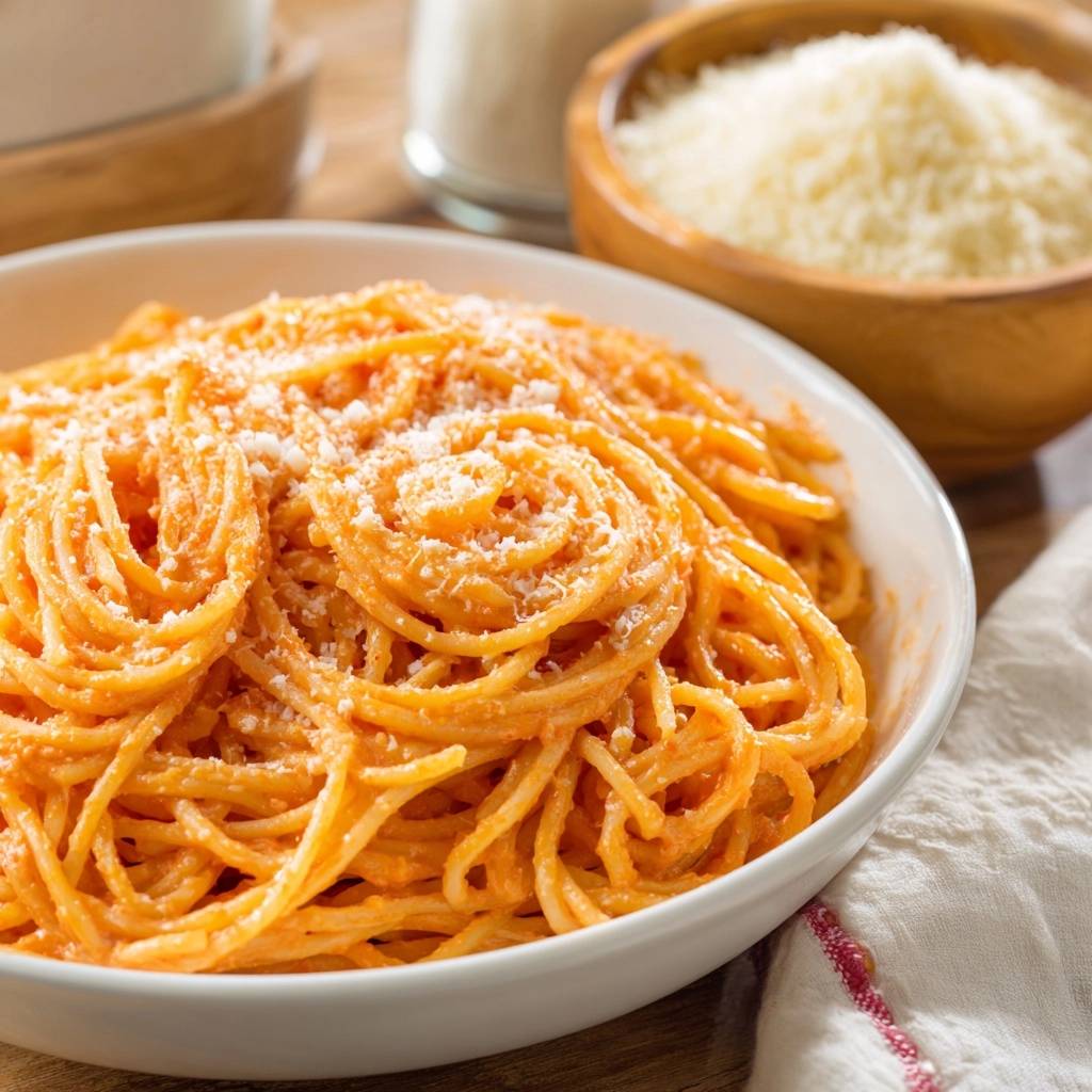 Perfekte Spaghetti Pomodoro mit geriebenem Parmesan in einer weißen Schüssel, Nahaufnahme der Textur.