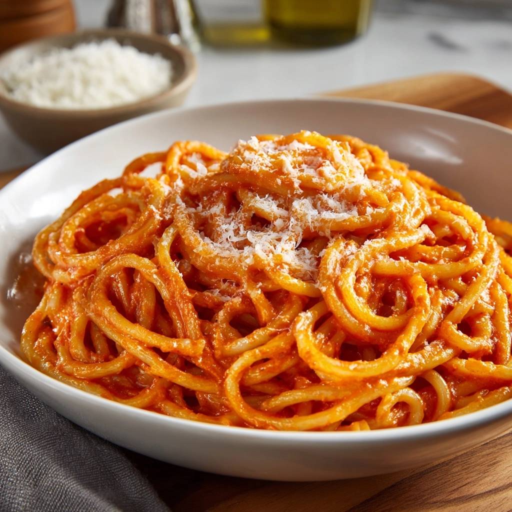 Perfekte Spaghetti Pomodoro mit einer Nahaufnahme von geriebenem Parmesan bestreut, serviert in einer weißen Schüssel.