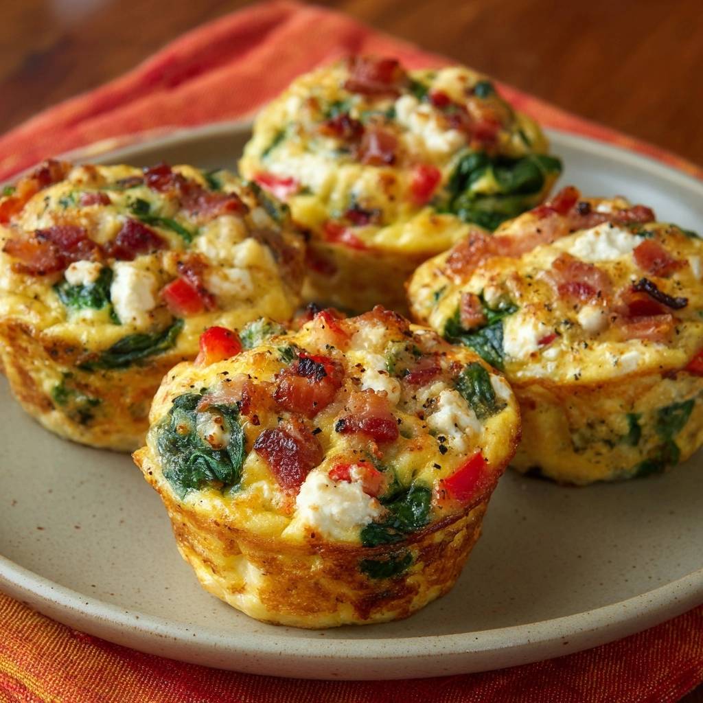 Speck Spinat Paprika Feta Ei Muffins Nahaufnahme Teller 1 Fluffige Speck-Spinat-Paprika-Feta-Ei-Muffins als Nahaufnahme auf einem Teller serviert, mit sichtbaren Speck-, Spinat- und Feta-Stücken.