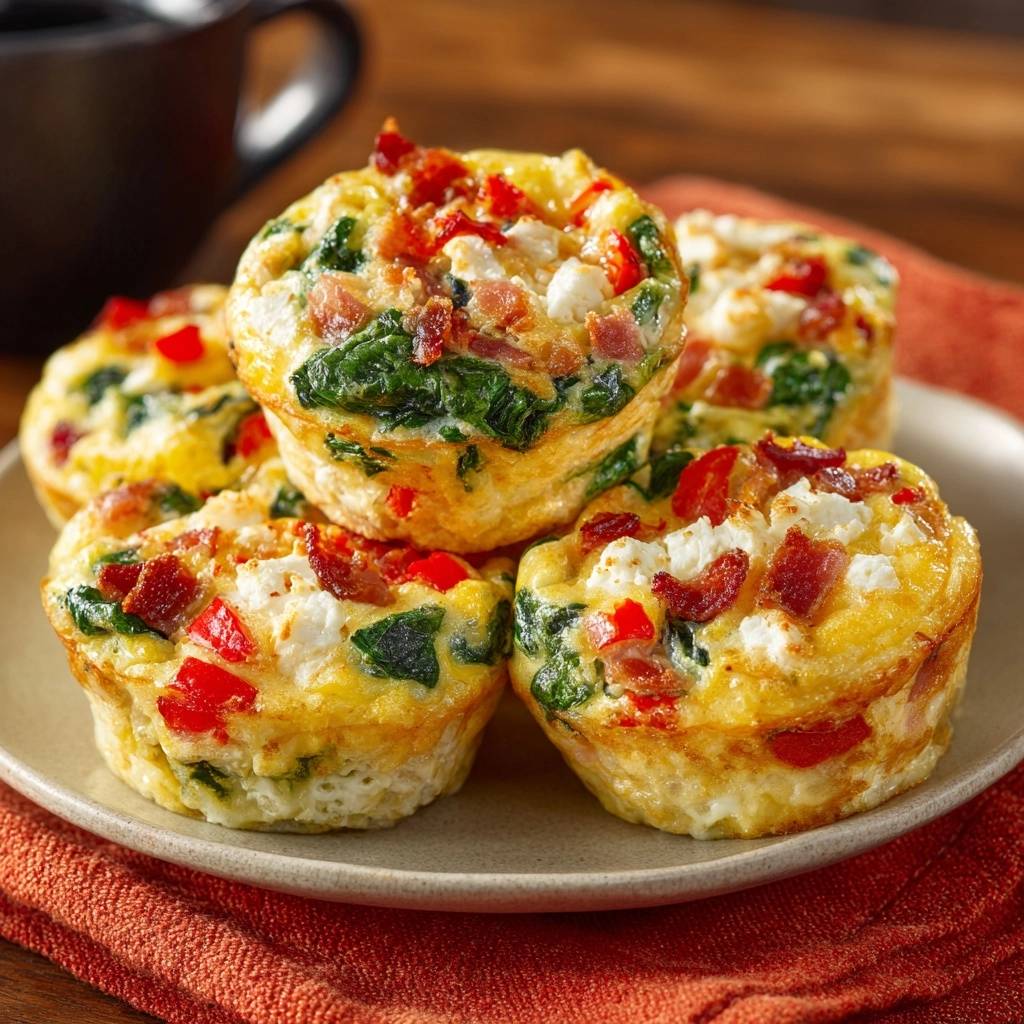 Fluffige Speck-Spinat-Paprika-Feta-Ei-Muffins auf einem Teller gestapelt, Nahaufnahme mit sichtbaren Zutaten