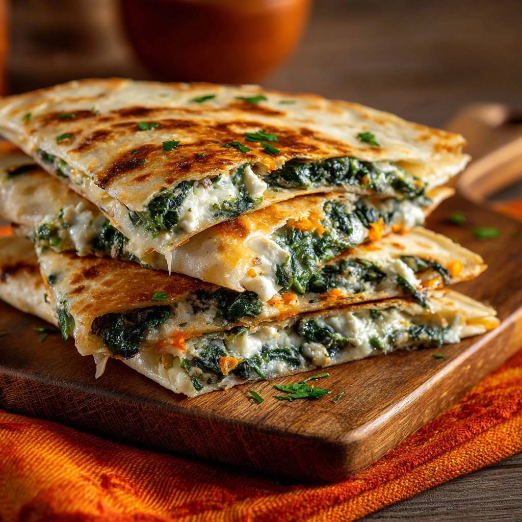 Knusprige Spinat-Feta-Quesadillas angeschnitten, die die geschmolzene Füllung und den gebackenen Tortilla zeigen.