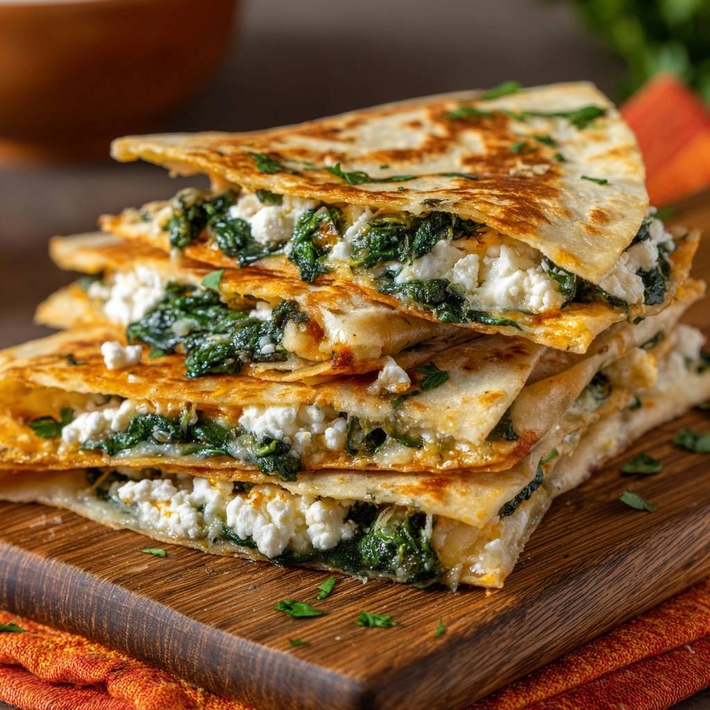 Knusprige Spinat-Feta-Quesadillas als Stapel mit Nahaufnahme des Feta- und Spinat-Füllung auf einem Holzbrett.