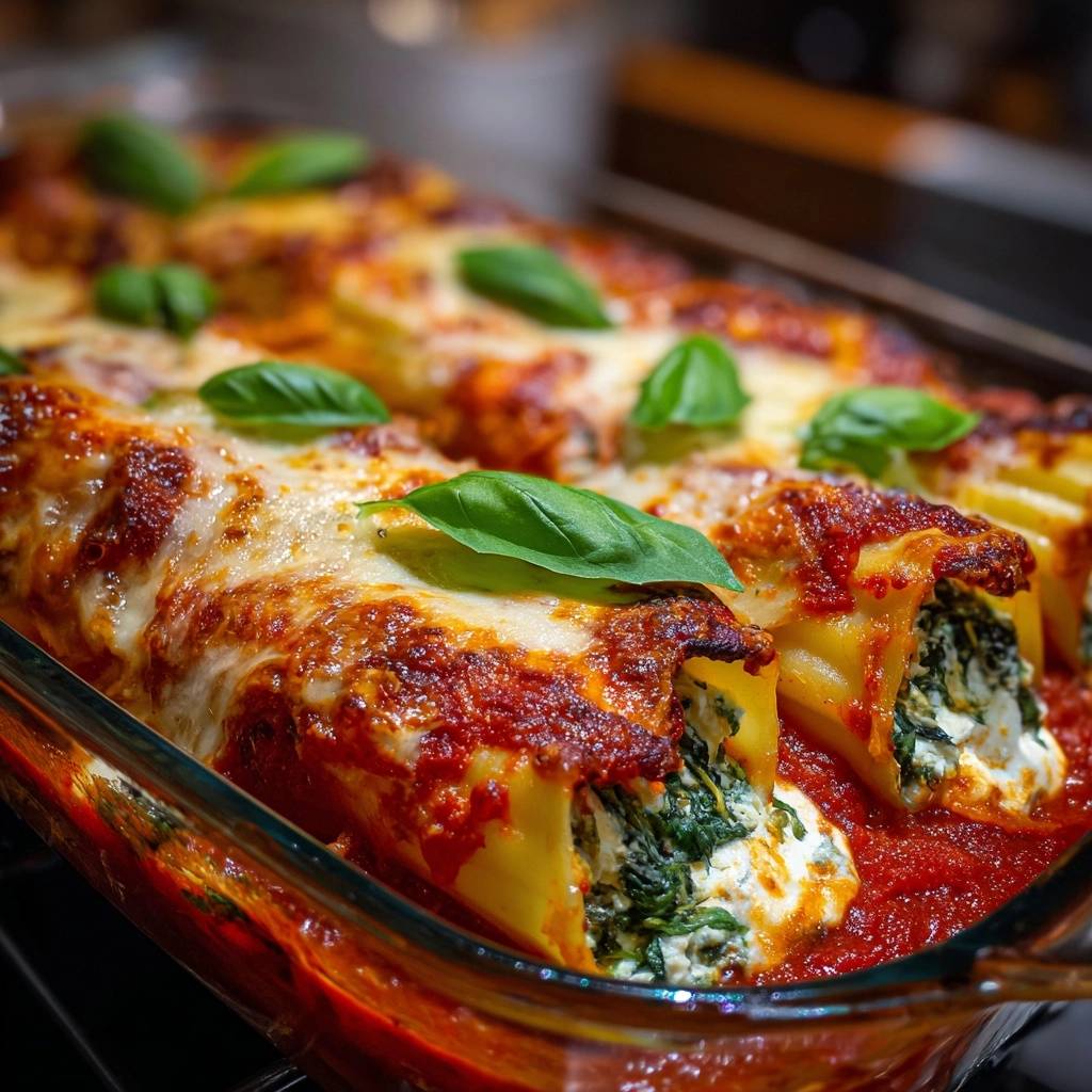 Spinat-Ricotta-Cannelloni als Nahaufnahme, die die Füllung und die geschmolzene Käsekruste zeigt.