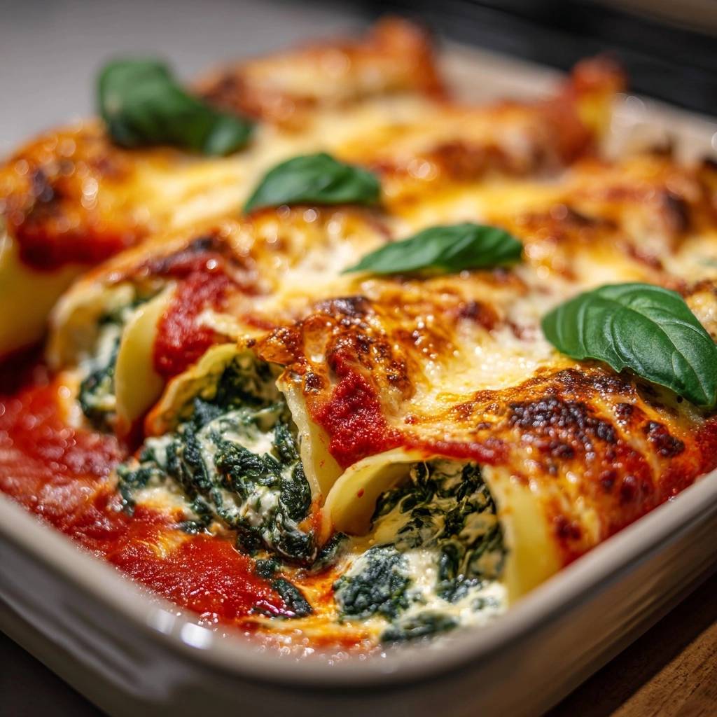 Spinat-Ricotta-Cannelloni, eine Nahaufnahme mit geschmolzenem Käse und frischem Basilikum, in einer Auflaufform.