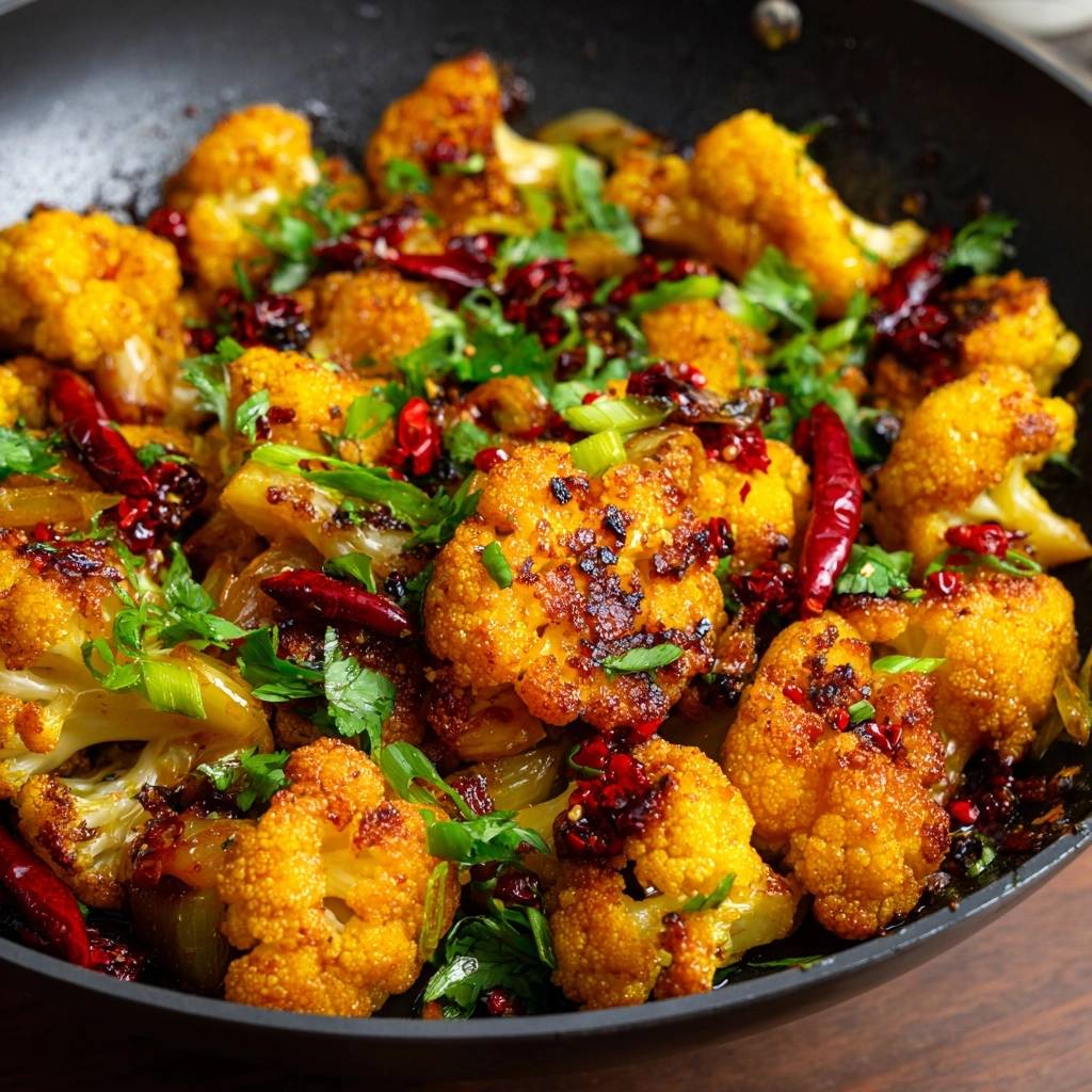 Süß-scharfer Blumenkohl-Wok, nahaufnahme der gebratenen Röschen mit getrockneten Chilis und Kräutern
