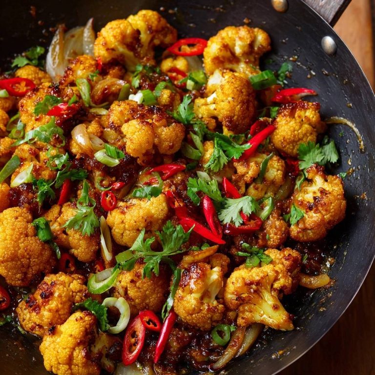 Süß-scharfer Blumenkohl-Wok als Nahaufnahme mit Chili und Koriander garniert