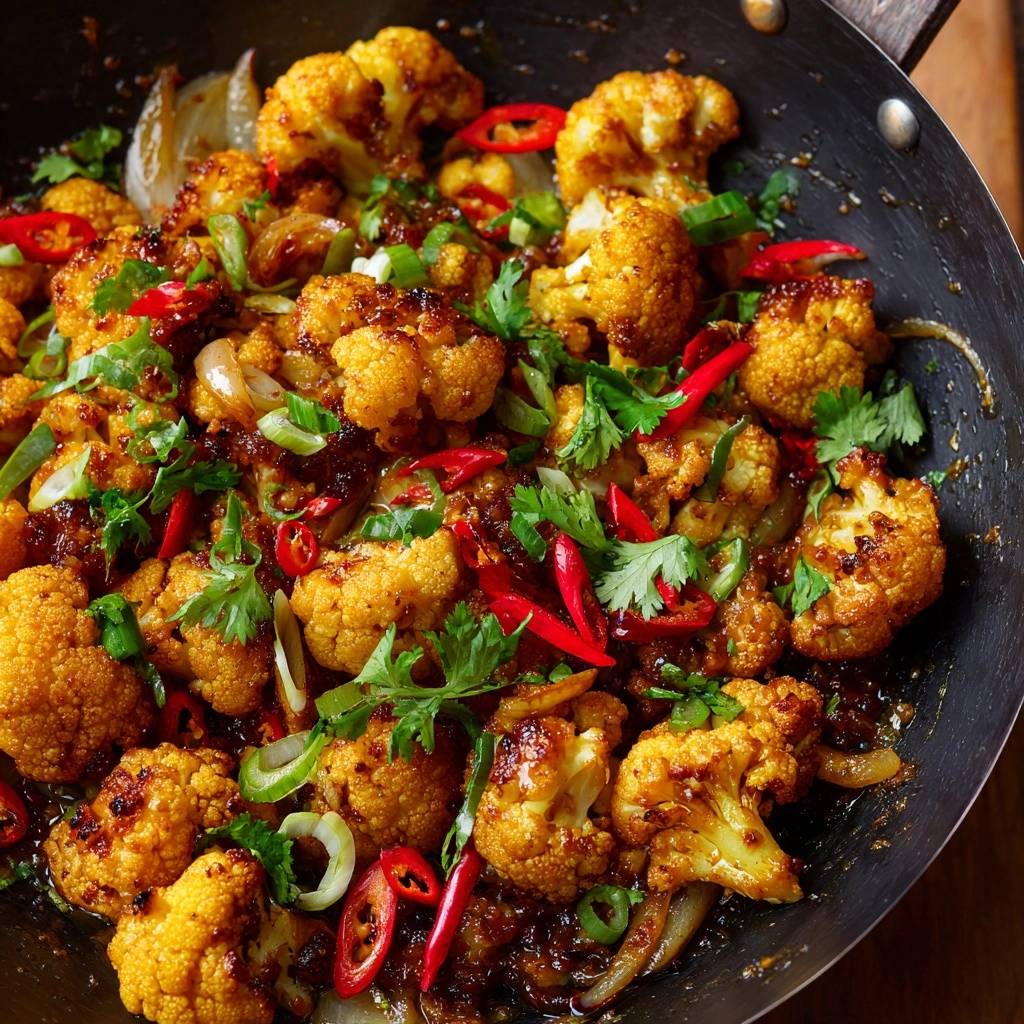 Süß-scharfer Blumenkohl-Wok als Nahaufnahme mit Chili und Koriander garniert