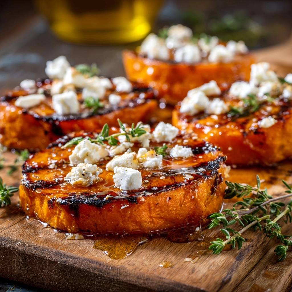Suesskartoffelscheiben Feta Thymian Detail Garniert 1 Knusprige Süßkartoffelscheiben mit Feta und Thymian, nahaufnahme der garnierten oberfläche mit feta und honig