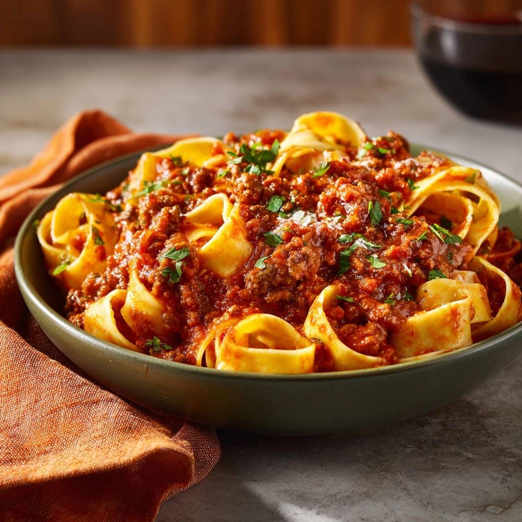 Tagliatelle mit saftigen Hackbällchen, eine Nahaufnahme der Nudeln und der reichhaltigen Fleischsauce, garniert mit Petersilie.