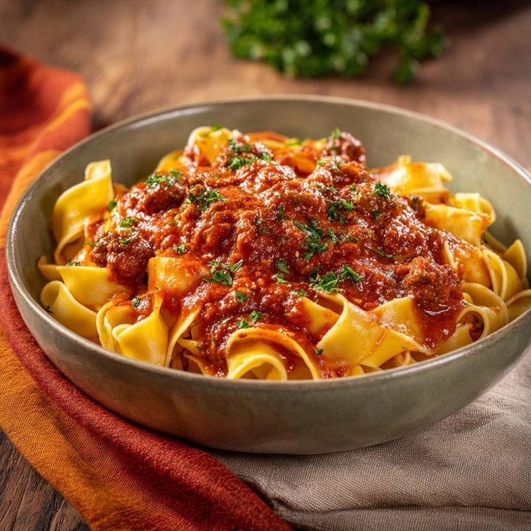 Tagliatelle mit saftigen Hackbällchen in einer Schüssel, Nahaufnahme der Nudeln mit reichlich Tomatensauce und Petersilie garniert.