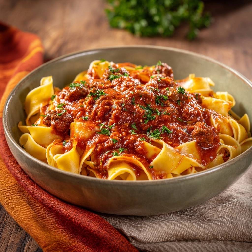 Tagliatelle mit saftigen Hackbällchen in einer Schüssel, Nahaufnahme der Nudeln mit reichlich Tomatensauce und Petersilie garniert.