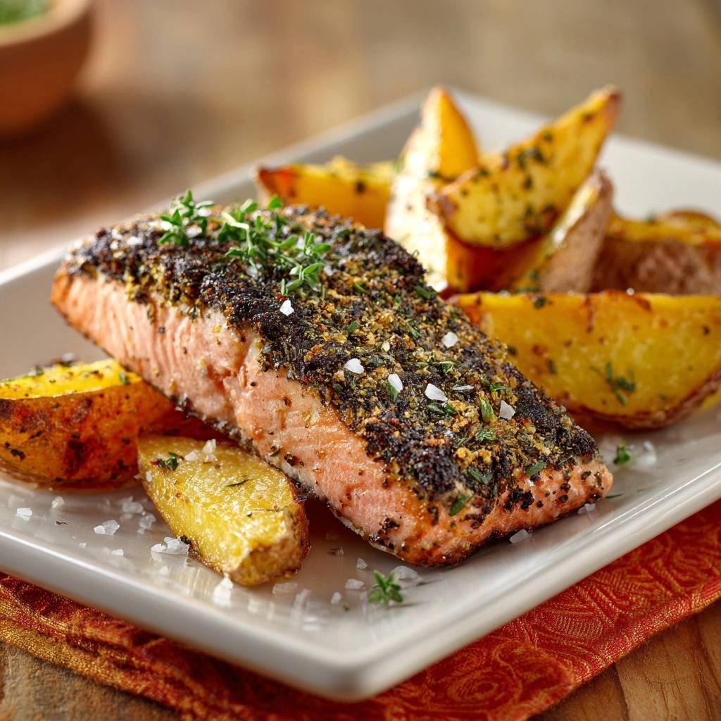 Thymian-Lachs mit Knusprig-Wedges, eine Nahaufnahme des saftigen Lachses mit Kräuterkruste und Kartoffelspalten.