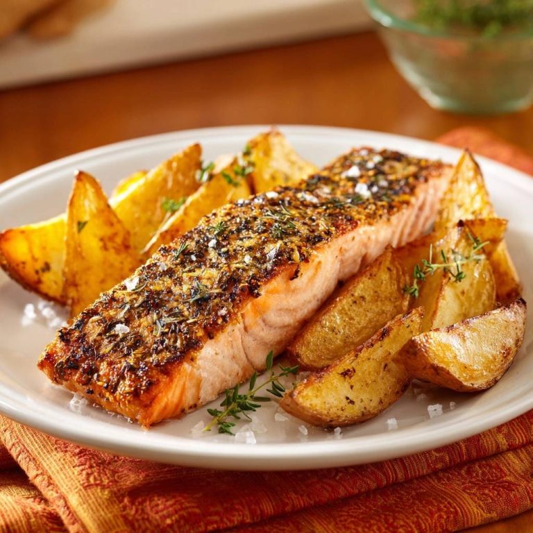 Thymian-Lachs mit Knusprig-Wedges, nahaufnahme des saftigen Lachses mit Kräuterkruste und Kartoffelspalten.