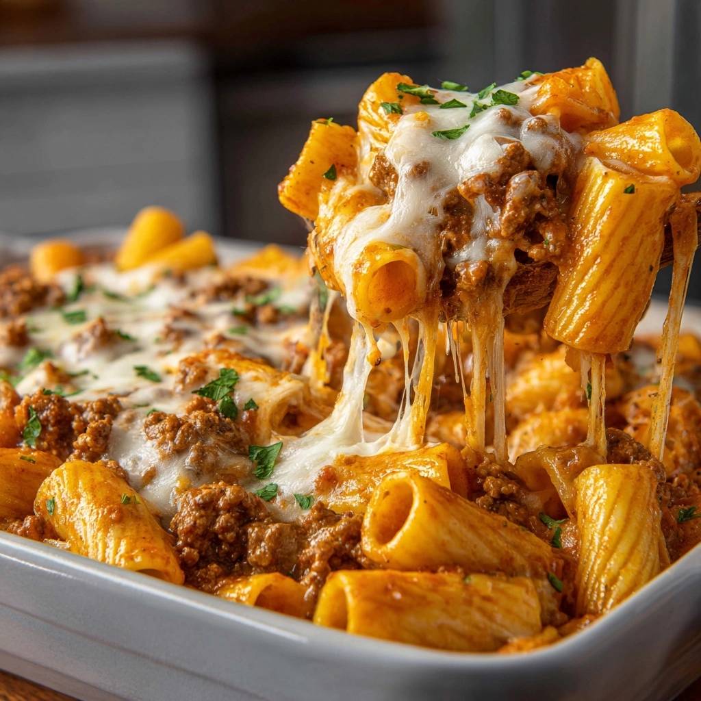 Überbackene Rigatoni mit Hackfleisch und Käse, eine Nahaufnahme zeigt den geschmolzenen Käse und die Nudeln.