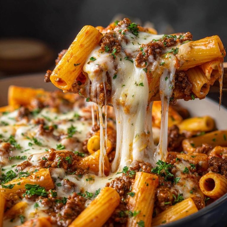Überbackene Rigatoni mit Hackfleisch und Käse, detailreiche Nahaufnahme mit geschmolzenem Käse, der Fäden zieht.