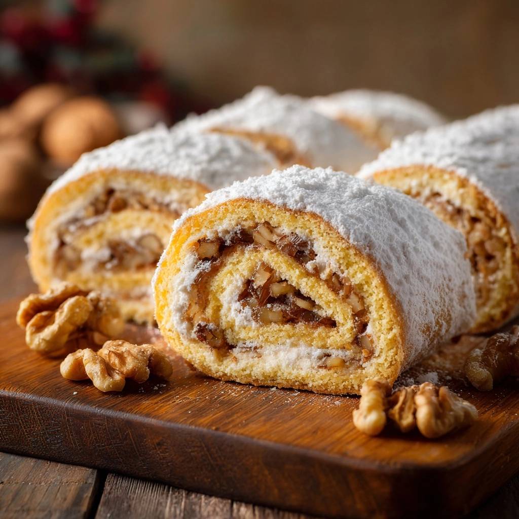 Klassische Walnuss-Biskuitrolle angeschnitten mit Puderzucker bestäubt und Walnüssen auf einem Holzbrett