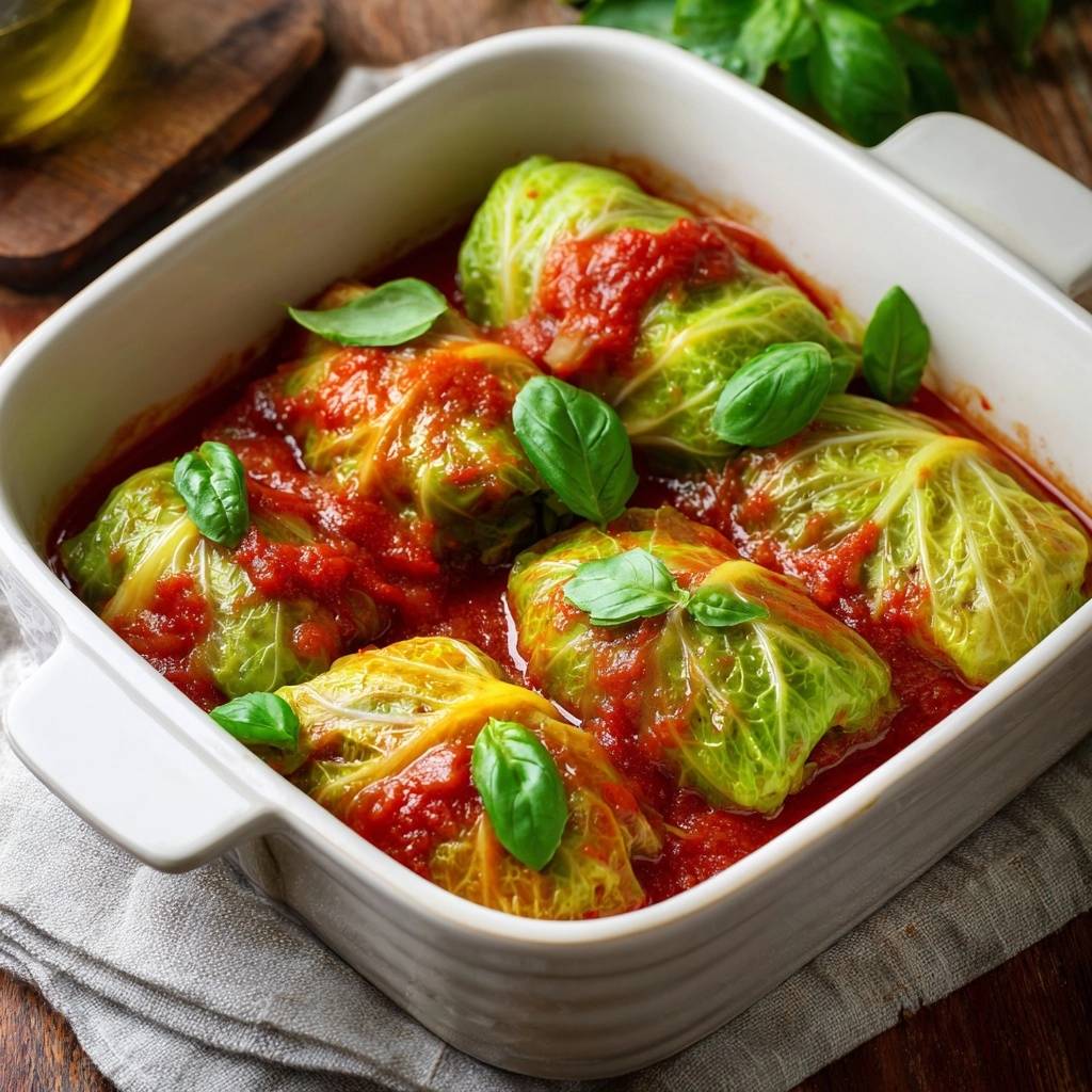 Herzhafte Wirsingrouladen in Tomatensoße, appetitlich in einem weißen Keramikauflauf mit frischem Basilikum garniert.