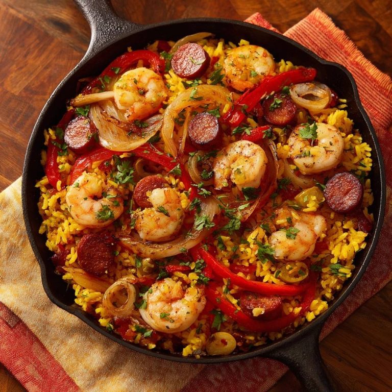 Würzige Garnelen-Pfanne mit Reis in einer Gusseisenpfanne von oben mit Garnelen, Chorizo und Paprika.