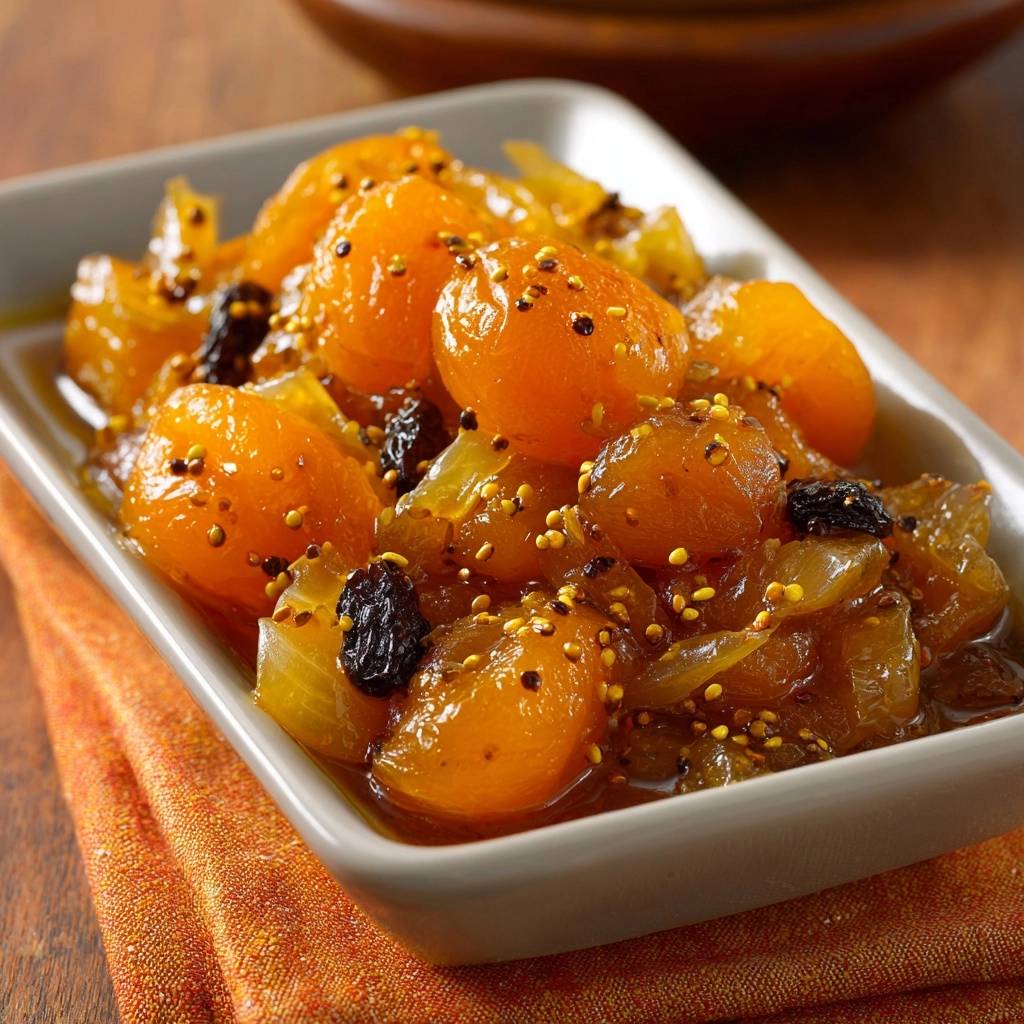 Würziges Aprikosen-Chutney mit Senfkörnern und Rosinen in einer Schale, Nahaufnahme der Textur.
