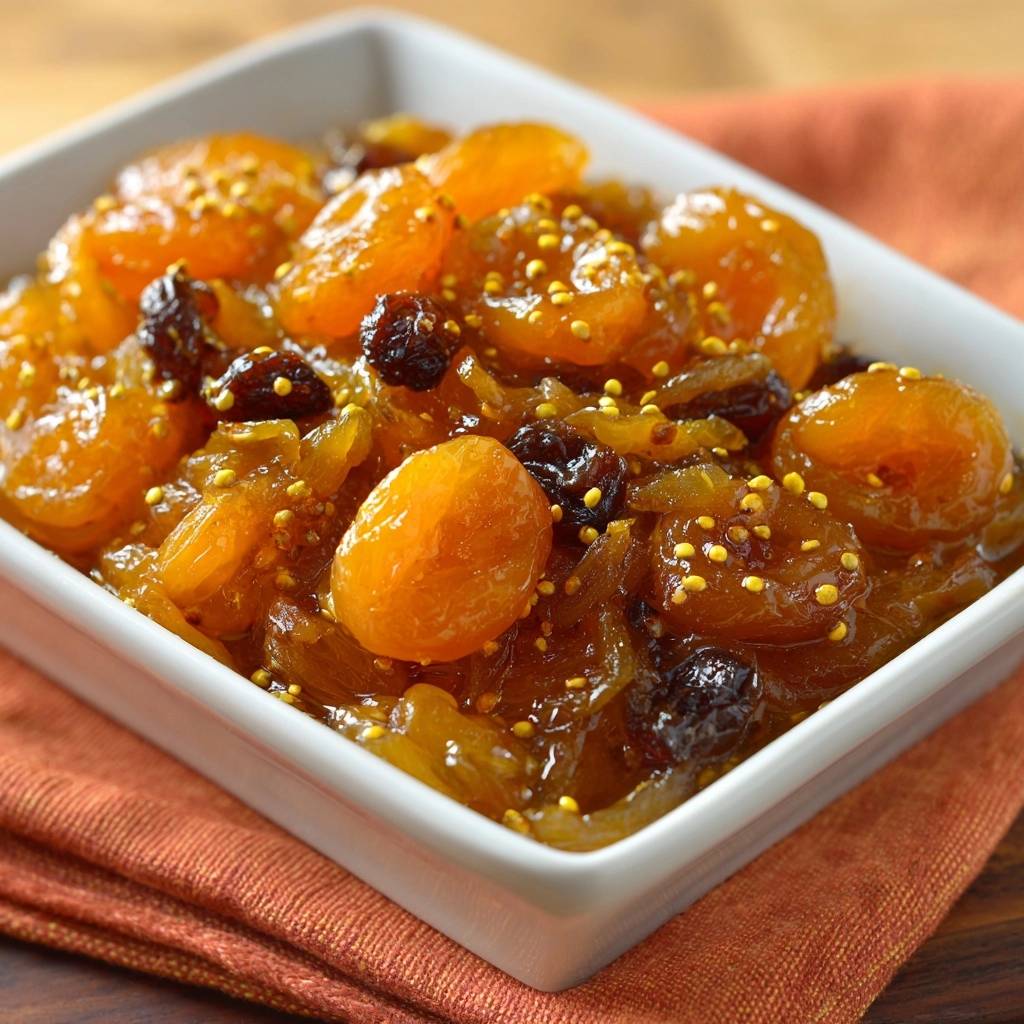 Würziges Aprikosen-Chutney mit Rosinen und Senfkörnern in einer weißen Schüssel, Nahaufnahme der Textur.
