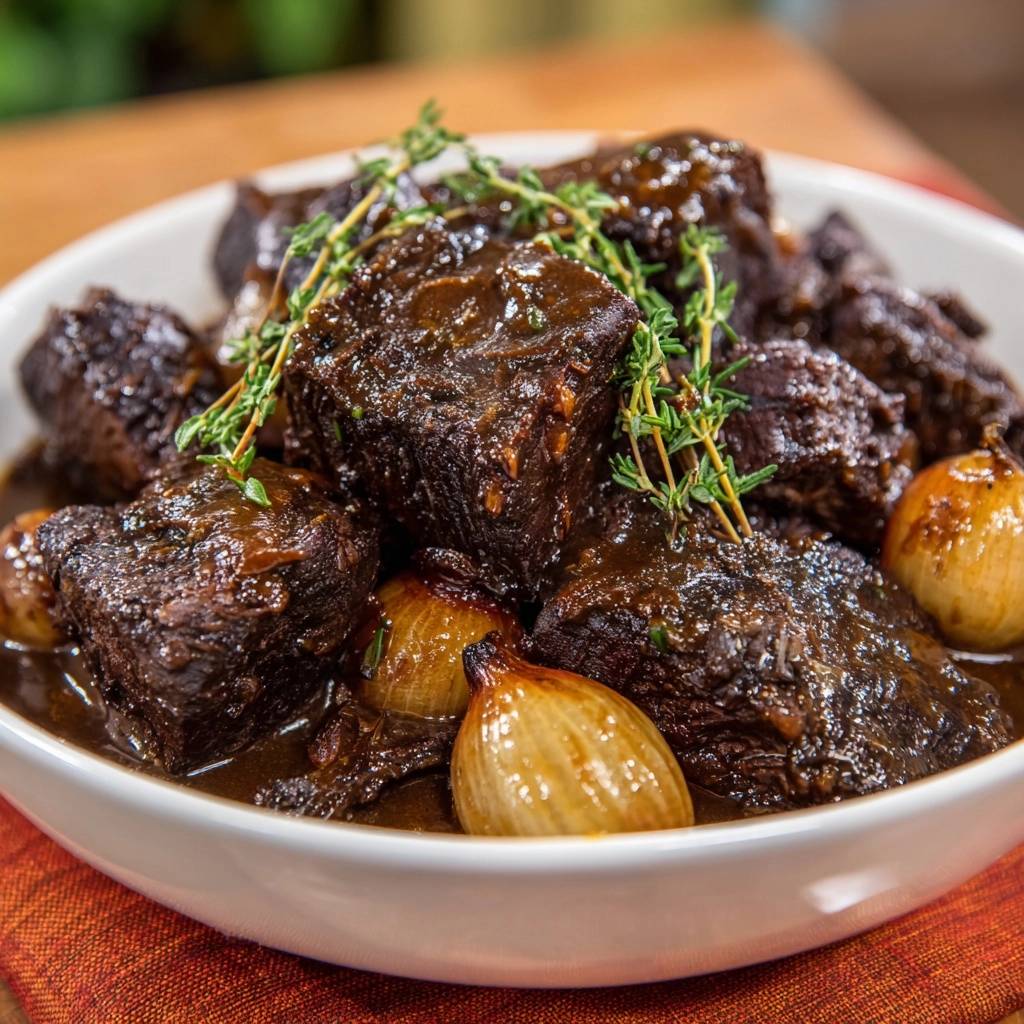 Zartes Rindfleisch Mit Perlzwiebeln Detail Nahaufnahme 1 Zartes Rindfleisch mit Perlzwiebeln und Thymian als Nahaufnahme mit Fokus auf die Sauce und das Fleisch.