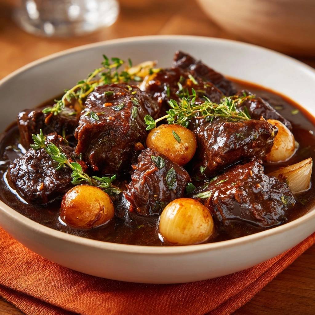 Zartes Rindfleisch mit Perlzwiebeln und Thymian als Nahaufnahme in einer Schüssel, serviert mit einer dunklen Sauce.