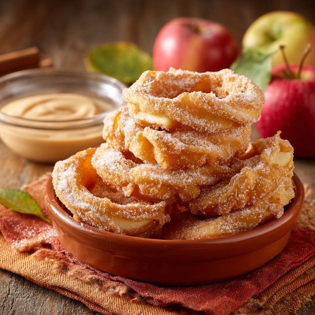 Knusprige Zimt-Churros mit Vanille-Dip, gestapelt in einer Schale mit Puderzucker bestreut und Apfel im Hintergrund.